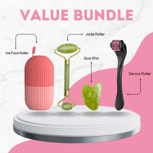 4 in 1 Value Bundle - Derma Roller, Jade Roller, Gua Sha & Ice Face Roller for Radiant Skin